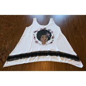 African American Barbie Women's Size 3 Tank Top White Sharkbite Hem Lace Trim